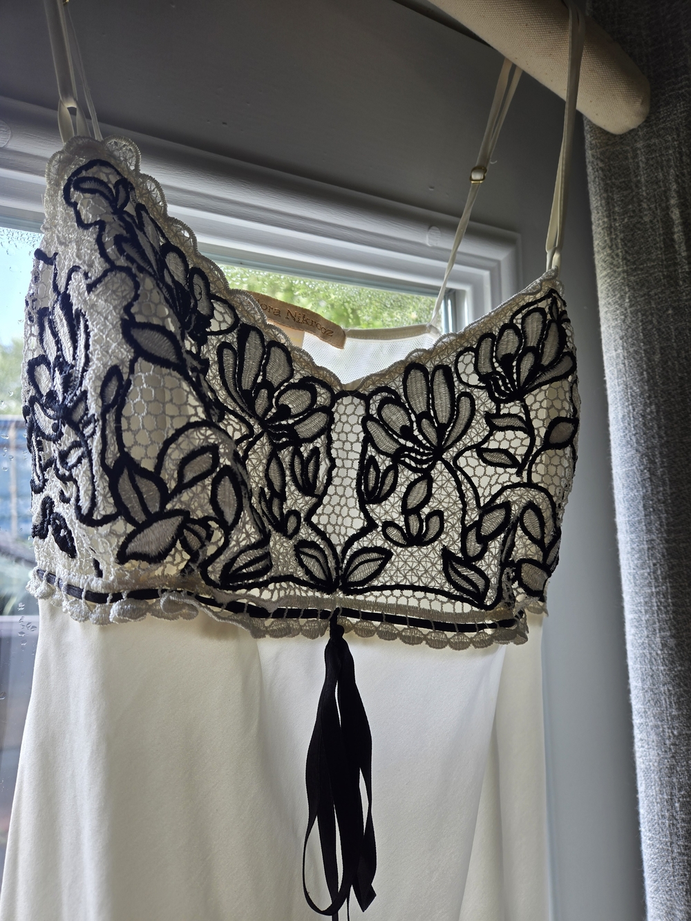 Flora Nickrooz Ivory Lace Vintage Gown with Black Embroidery